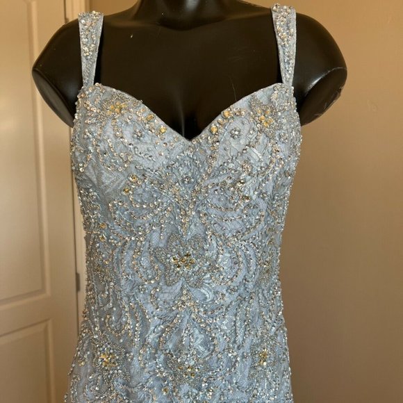 MAC DUGGAL LACE BEADED W/BOLERO JACKET PALE BLUE GOWN sz 10 - Picture 5 of 10